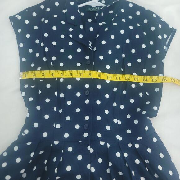 Lauren Ralph Lauren Dark Navy White Polka Dots Tie Waist A-line Size 8 Dress - Picture 7 of 10